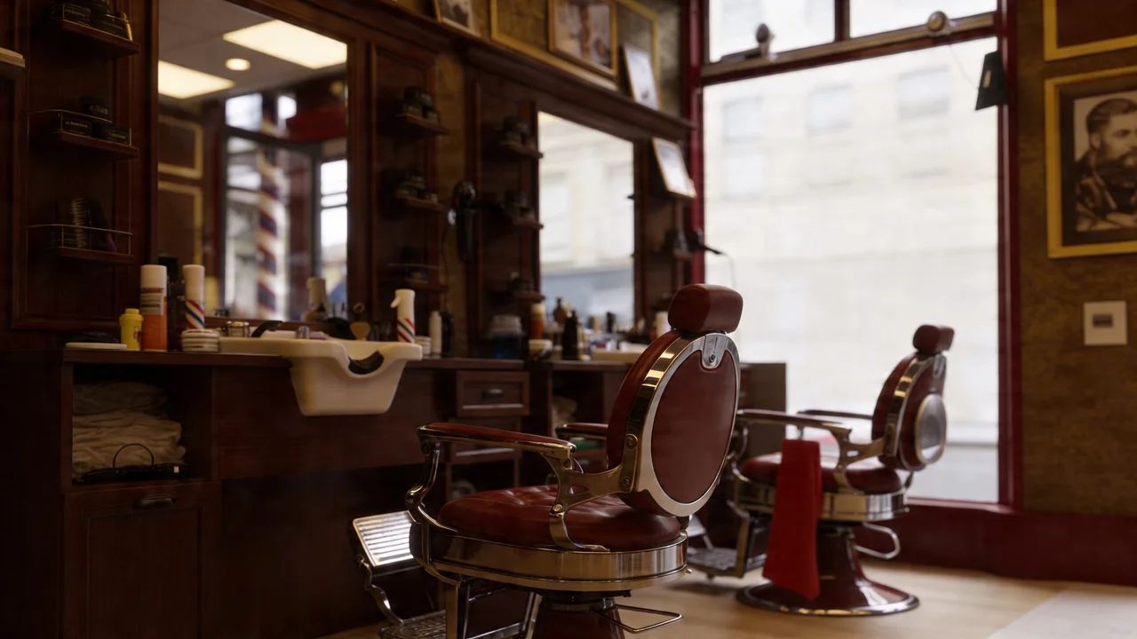 Inside Boss Barbers: vintage leather chairs, mahogany cabinets and a Bath shopfront window.